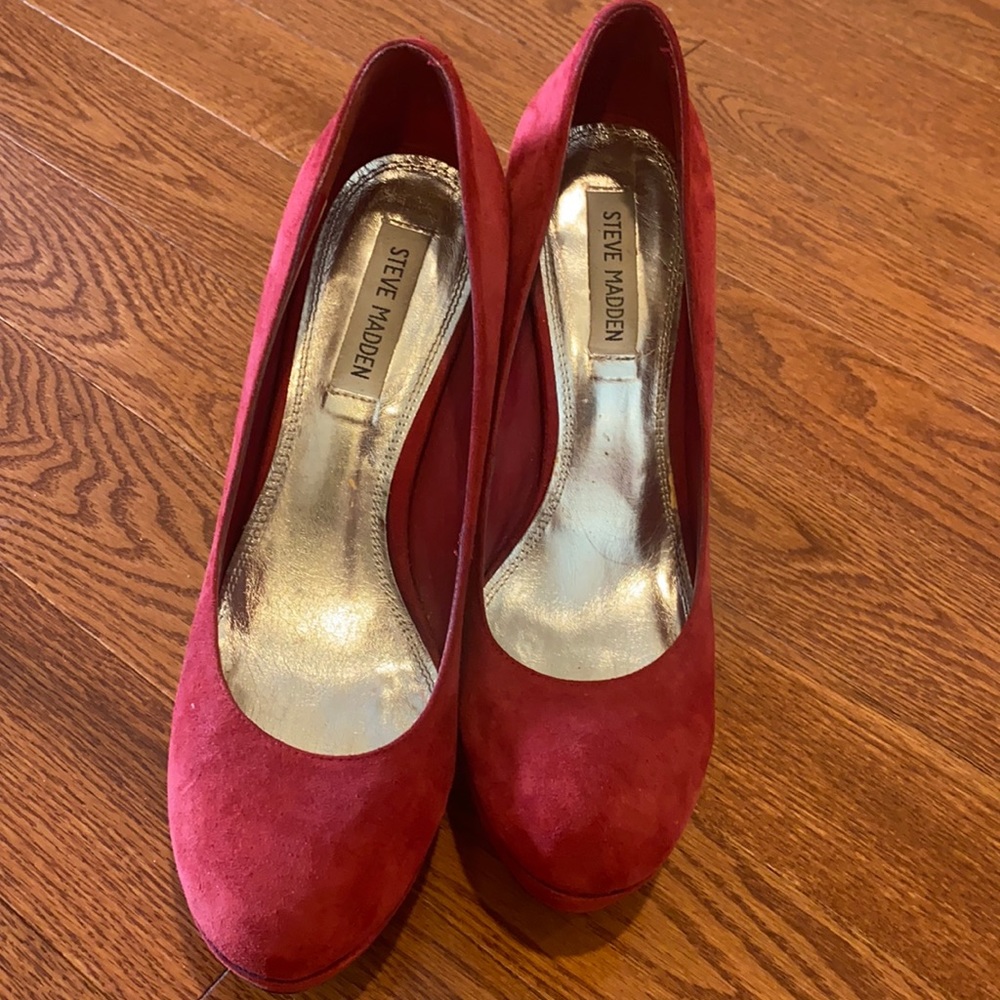 Red suede platform heels